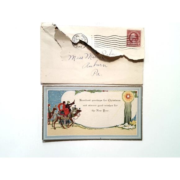 Vintage 1931 Christmas Greeting Card Three Wise Men Nativity Scene + Envelope - Picture 1 of 3